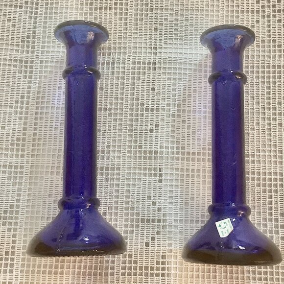 Cobalt Color Blue Glass Candlestick Holders Set Of 2 8" - Picture 2 of 6